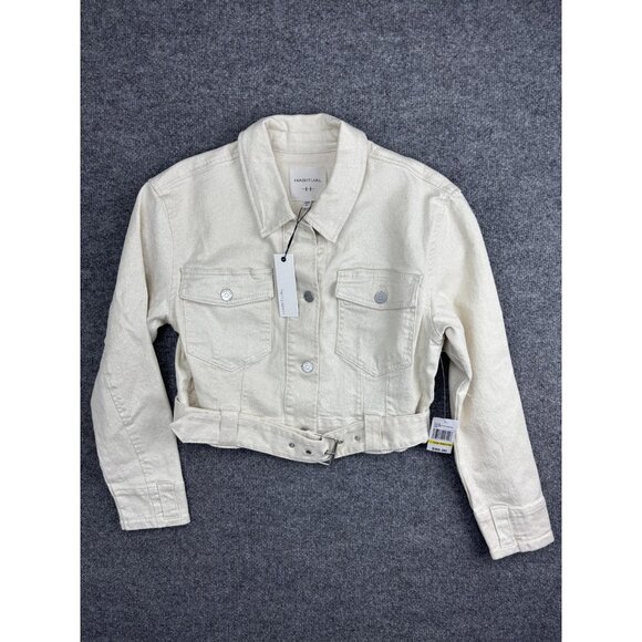 Habitual Jacket Womens Medium Ivory Cropped Belted Denim Jean Button Front Hem - Picture 1 of 8